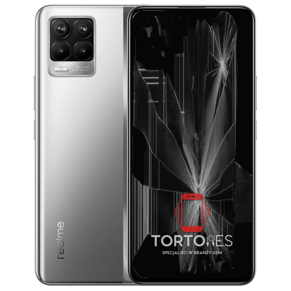 Realme 8 4G z ilustracją pękniętego wyświetlacza - wymiana zbitego wyświetlacza