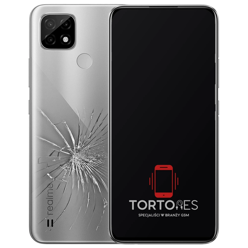 Realme C21 z ilustracją pękniętej tylnej klapki - wymiana zbitej klapki
