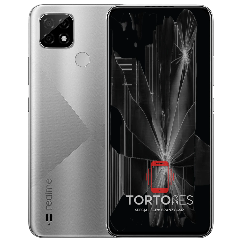 Realme C21 z ilustracją pękniętego wyświetlacza - wymiana zbitego wyświetlacza