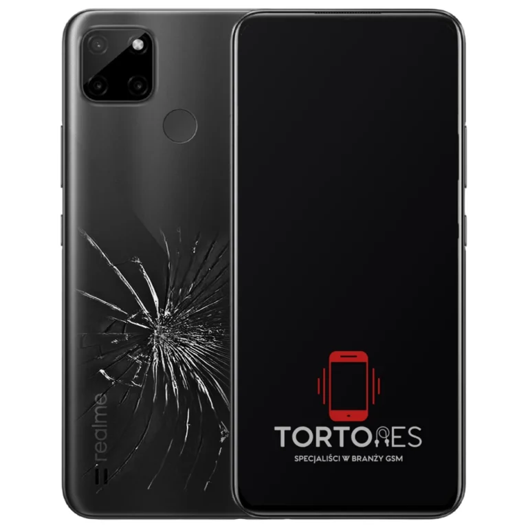 Realme C21Y z ilustracją pękniętej tylnej klapki - wymiana zbitej klapki