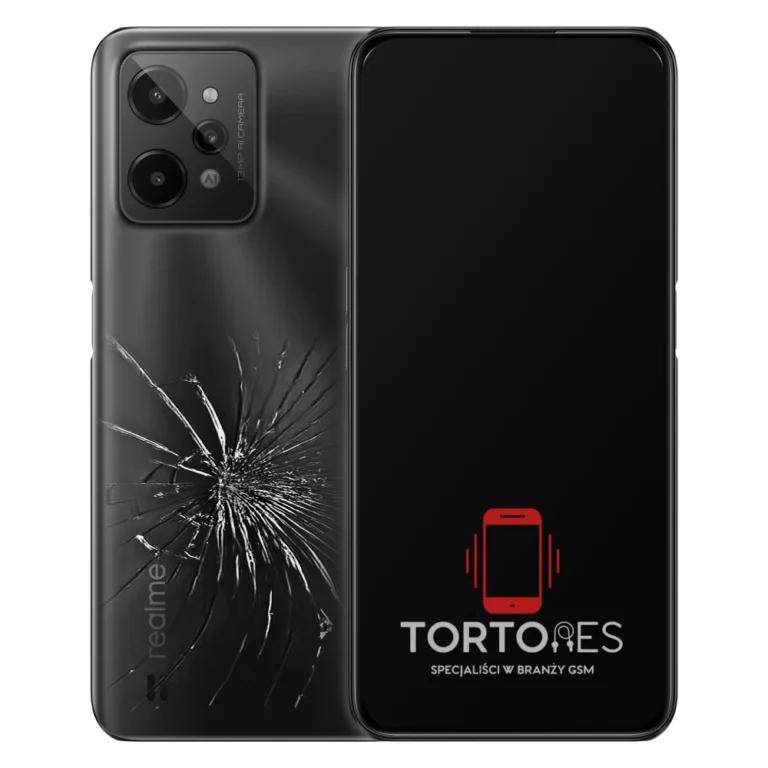 Realme C31 z ilustracją pękniętej tylnej klapki - wymiana zbitej klapki