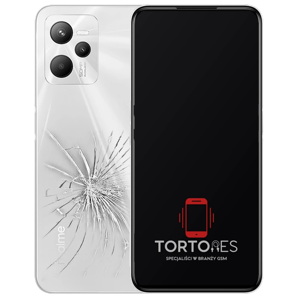 Realme C35 z ilustracją pękniętej tylnej klapki - wymiana zbitej klapki
