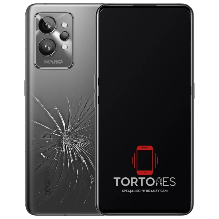 Realme GT 2 z ilustracją pękniętej tylnej klapki - wymiana zbitej klapki