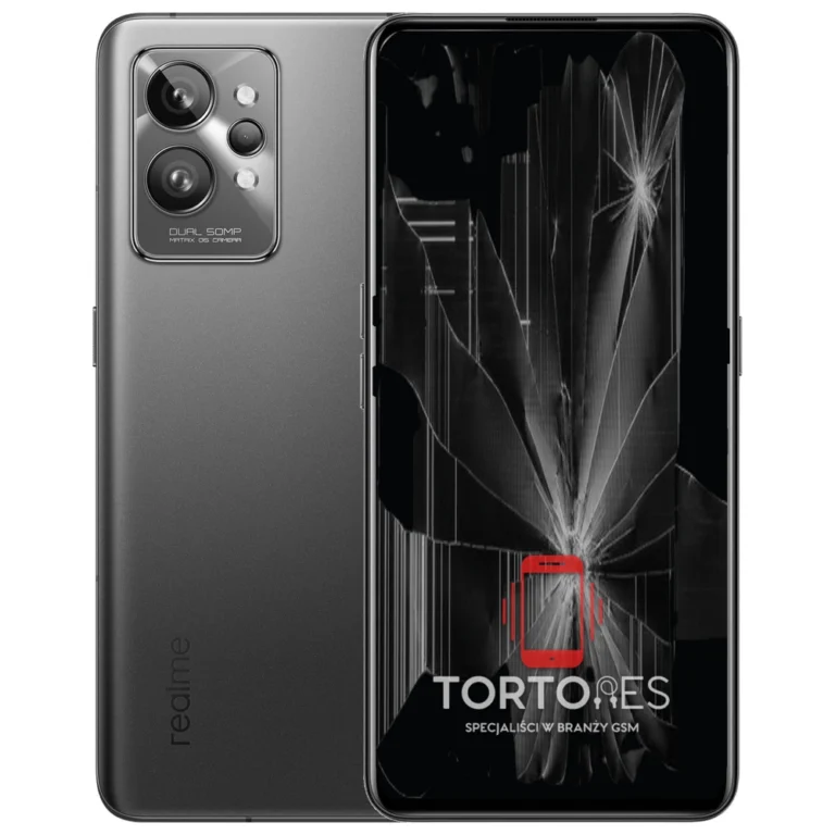 Realme GT 2 z ilustracją pękniętego wyświetlacza - wymiana zbitego wyświetlacza