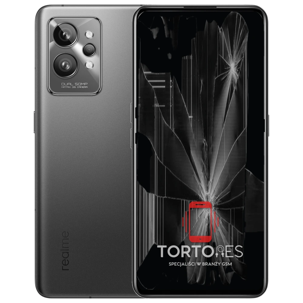 Realme GT 2 z ilustracją pękniętego wyświetlacza - wymiana zbitego wyświetlacza
