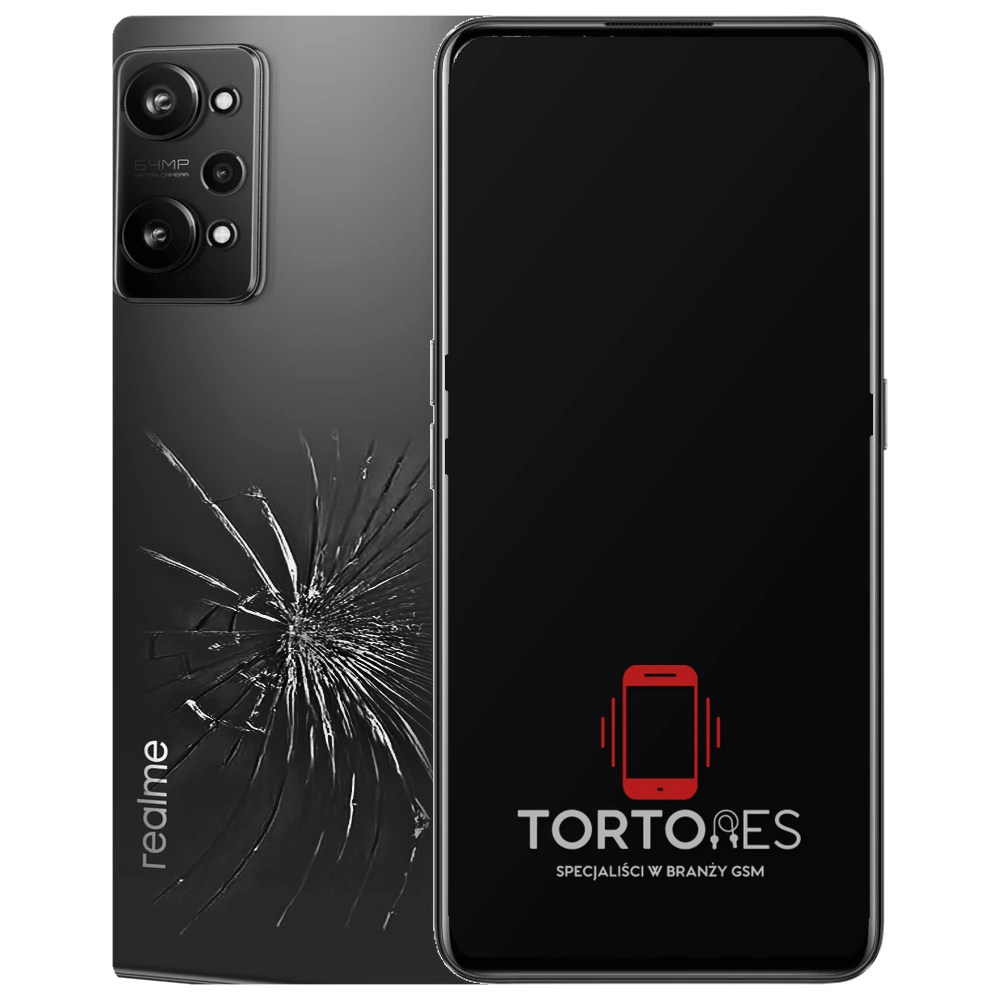 Realme GT Neo 3T z ilustracją pękniętej tylnej klapki - wymiana zbitej klapki