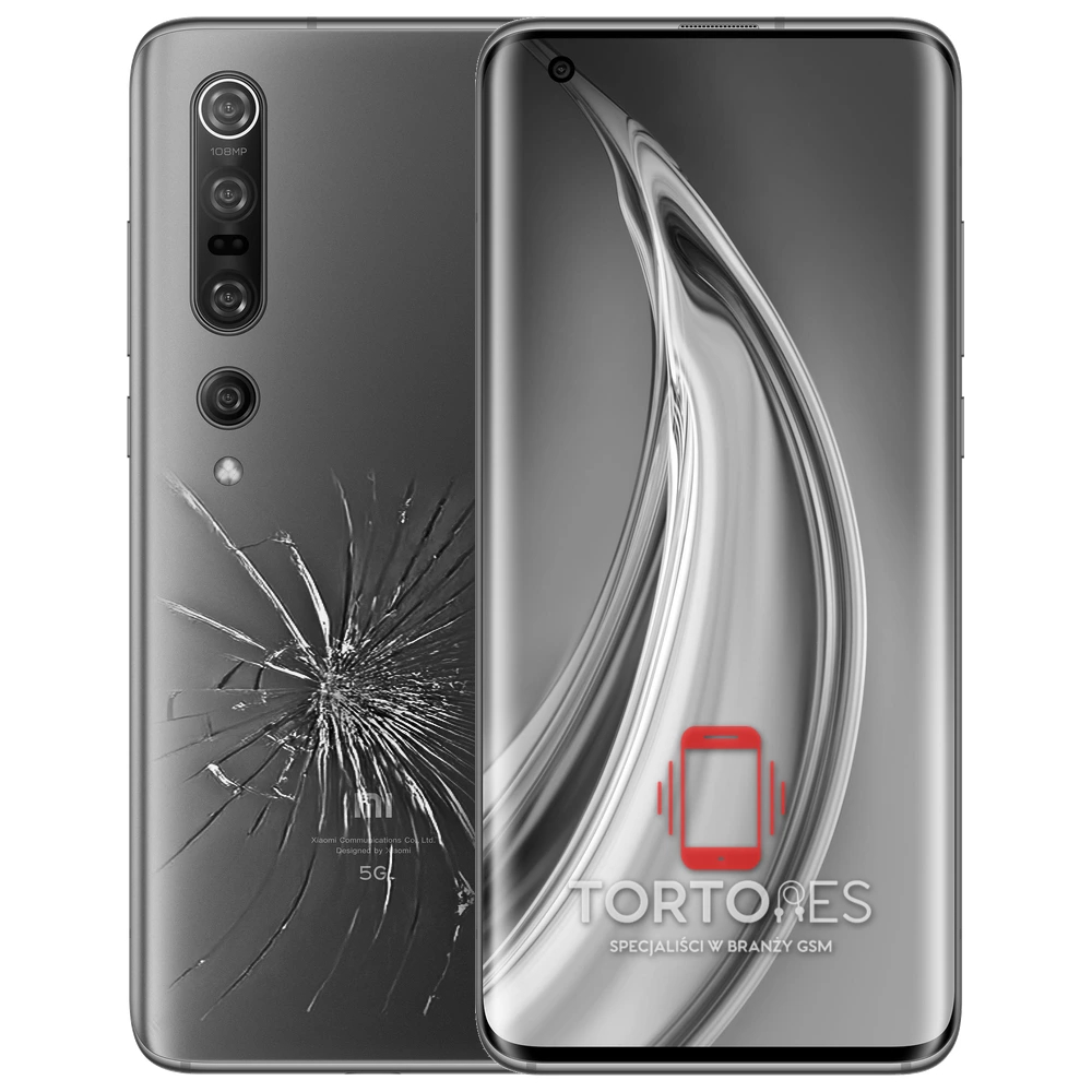 Xiaomi Mi 10 Pro z ilustracją pękniętej tylnej klapki - wymiana zbitej klapki