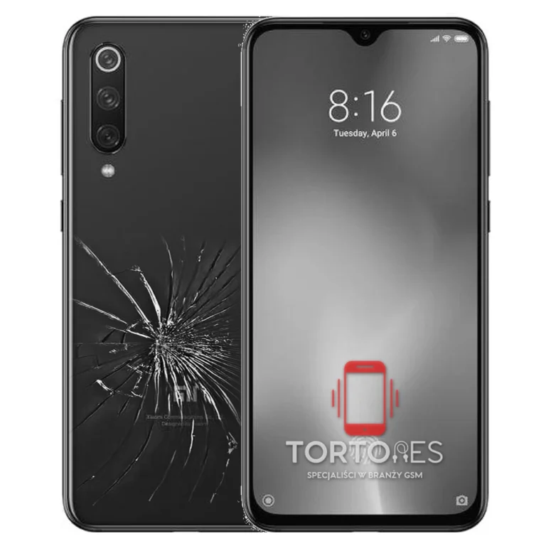Xiaomi Mi 9 SE z ilustracją pękniętej tylnej klapki - wymiana zbitej klapki