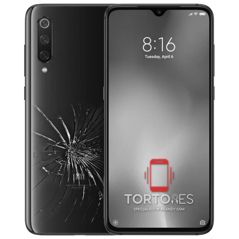 Xiaomi Mi 9 z ilustracją pękniętej tylnej klapki - wymiana zbitej klapki