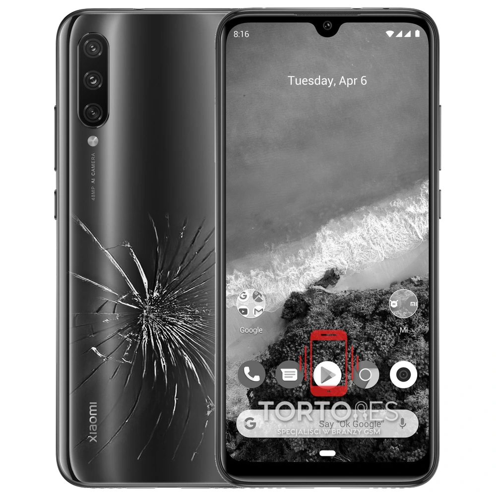 Xiaomi Mi A3 z ilustracją pękniętej tylnej klapki - wymiana zbitej klapki