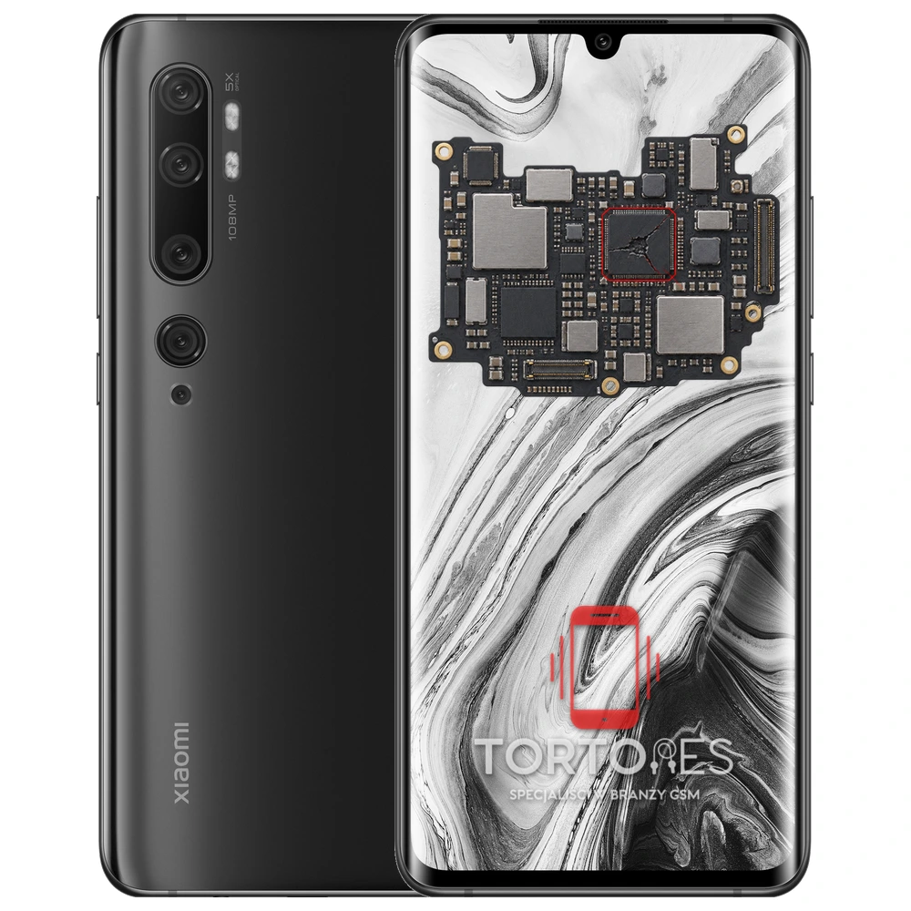 Xiaomi Mi Note 10 z ilustracją płyty głównej - naprawa płyty głównej