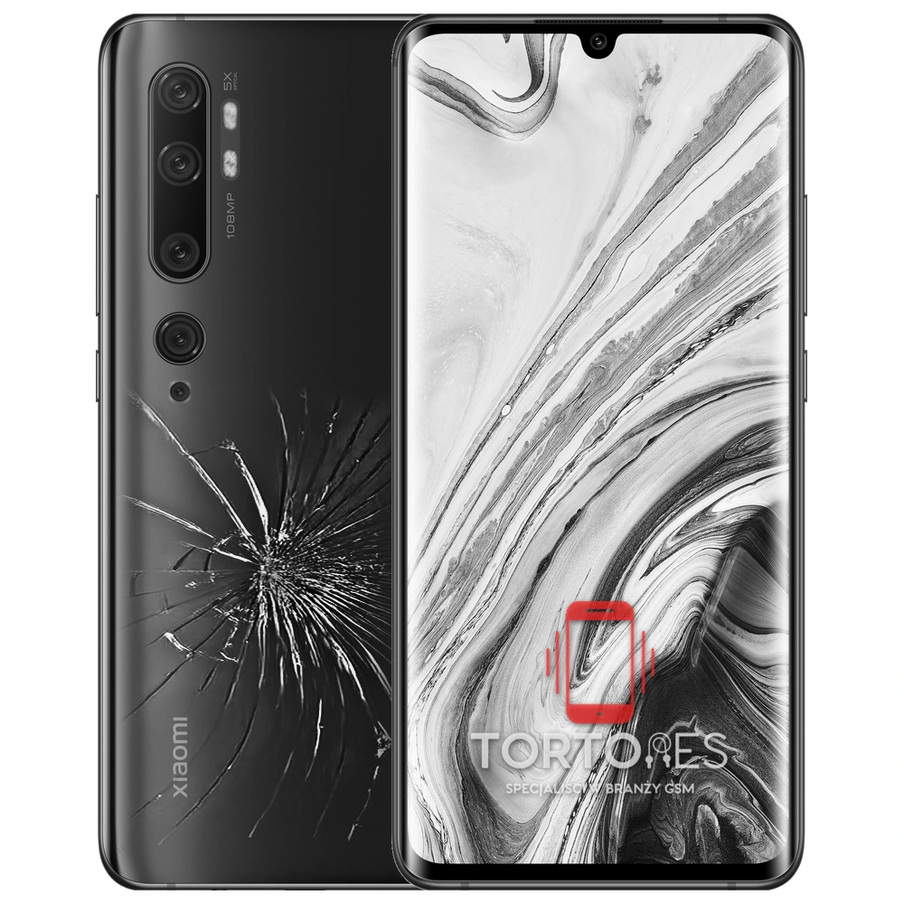 Xiaomi Mi Note 10 Pro z ilustracją pękniętej tylnej klapki - wymiana zbitej klapki