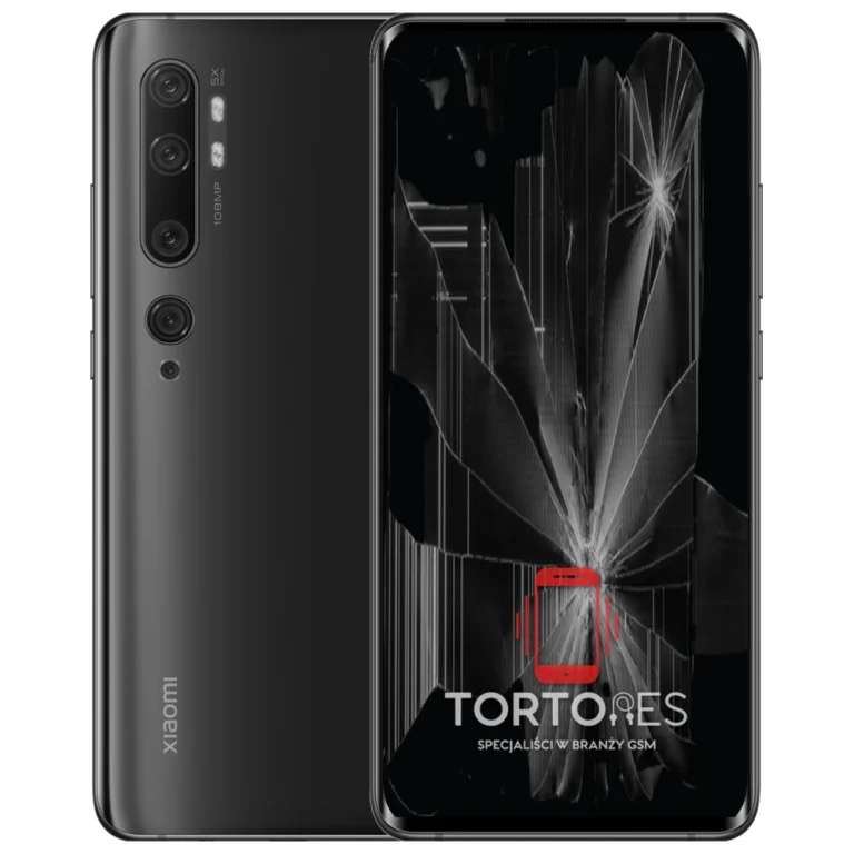 Xiaomi Mi Note 10 z ilustracją pękniętego wyświetlacza - wymiana zbitego wyświetlacza