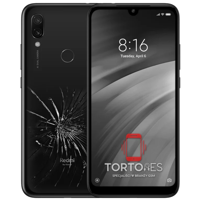 Redmi 7 z ilustracją pękniętej tylnej klapki - wymiana zbitej klapki