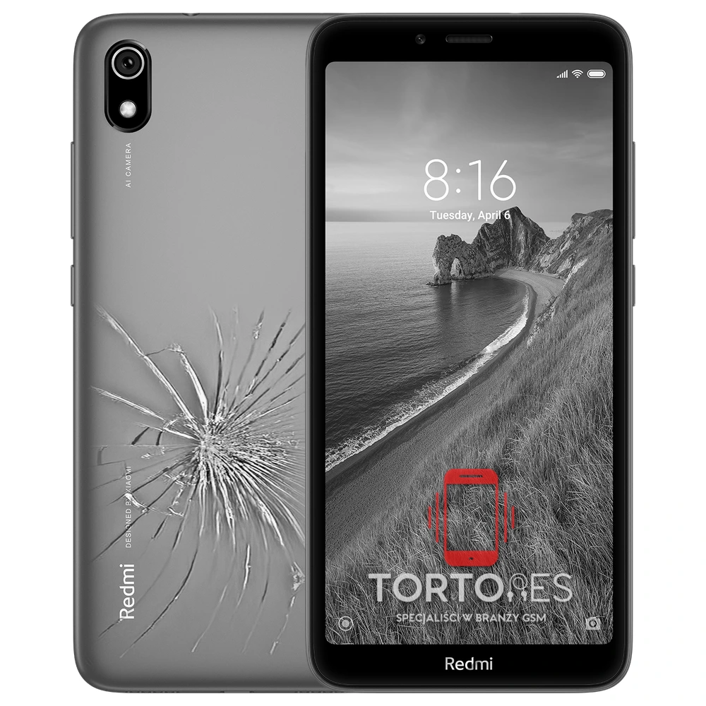 Redmi 7A z ilustracją pękniętej tylnej klapki - wymiana zbitej klapki