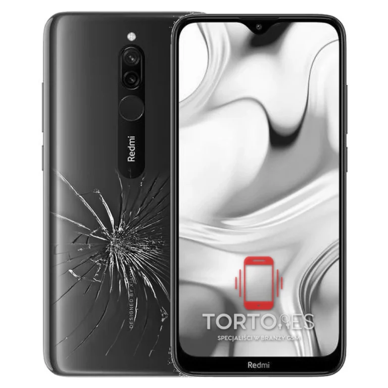 Redmi 8 z ilustracją pękniętej tylnej klapki - wymiana zbitej klapki
