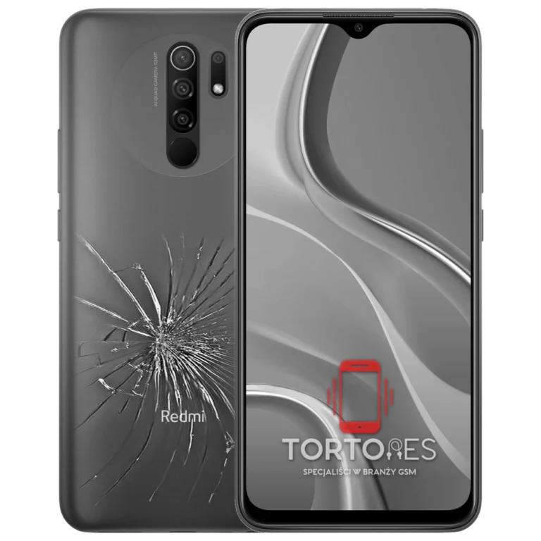 Redmi 9 z ilustracją pękniętej tylnej klapki - wymiana zbitej klapki