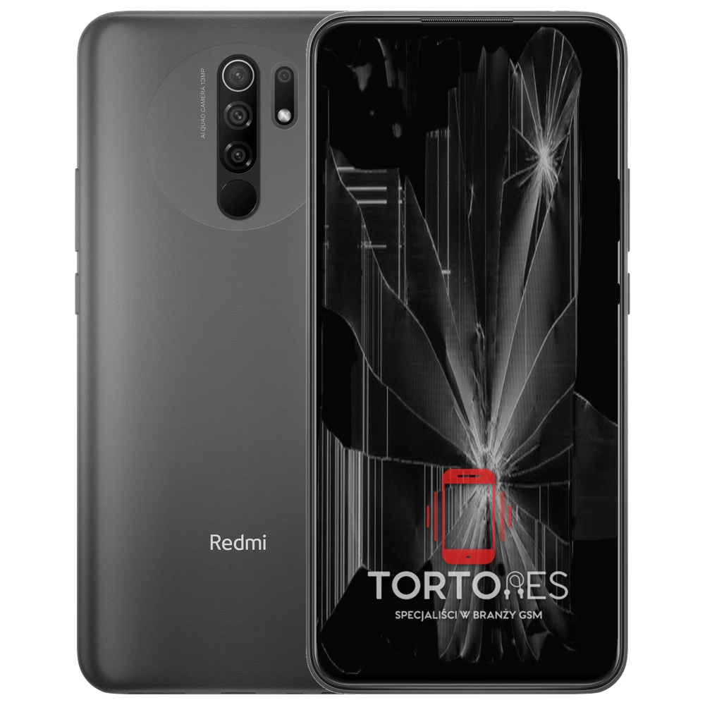 Redmi 9 z ilustracją pękniętego wyświetlacza - wymiana zbitego wyświetlacza