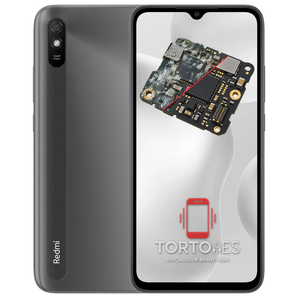 Redmi 9A z ilustracją zalania - czyszczenie po zalaniu