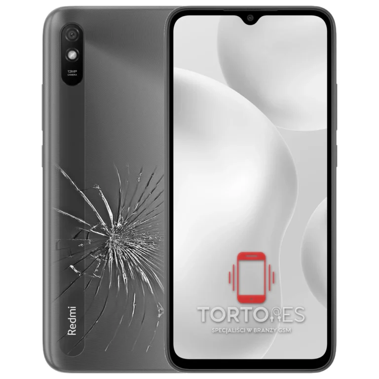 Redmi 9A z ilustracją pękniętej tylnej klapki - wymiana zbitej klapki