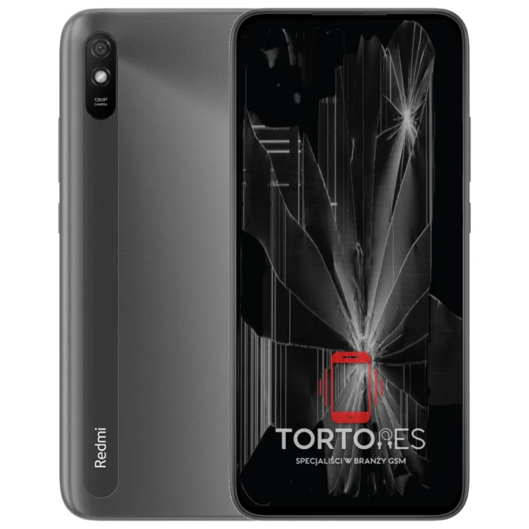 Redmi 9A z ilustracją pękniętego wyświetlacza - wymiana zbitego wyświetlacza