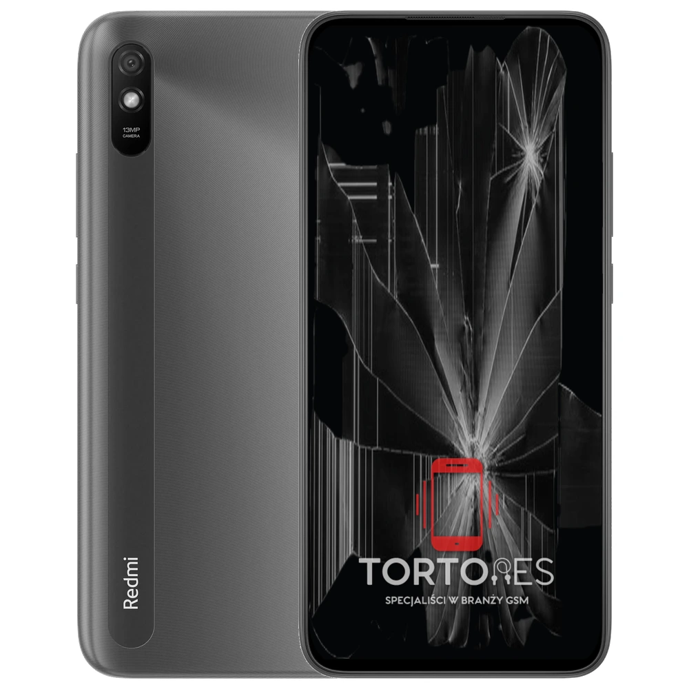 Redmi 9A z ilustracją pękniętego wyświetlacza - wymiana zbitego wyświetlacza