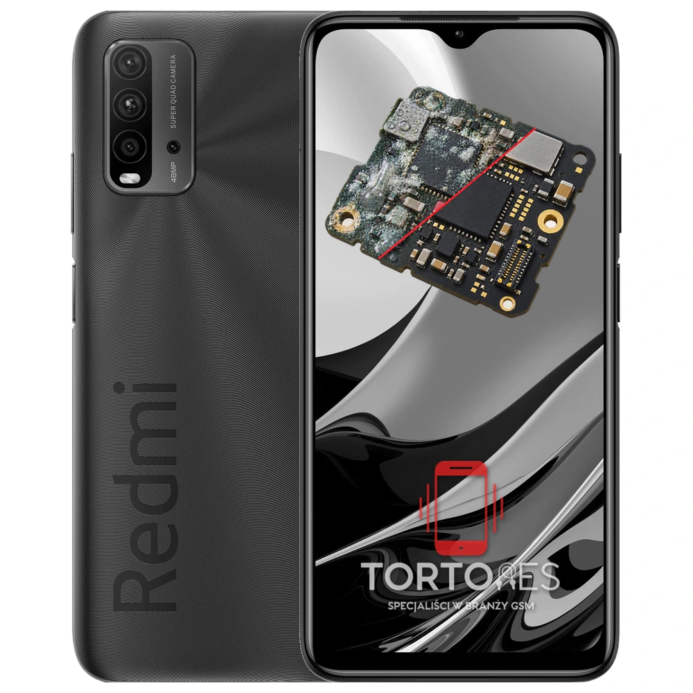 Redmi 9T z ilustracją zalania - czyszczenie po zalaniu