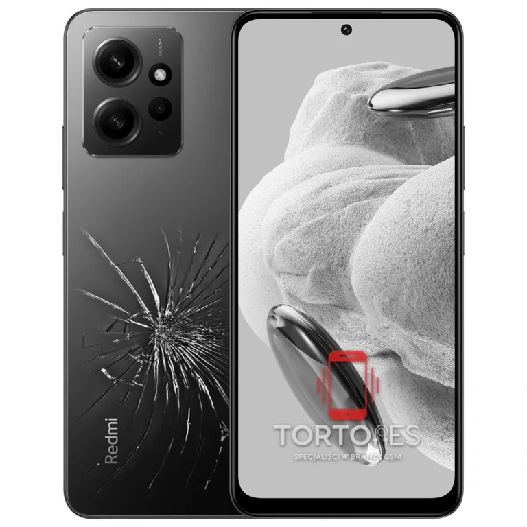 Redmi Note 12 z ilustracją pękniętej tylnej klapki - wymiana zbitej klapki