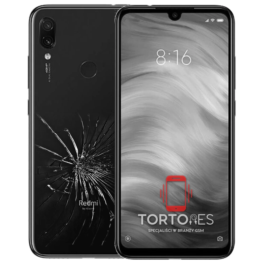 Redmi Note 7 z ilustracją pękniętej tylnej klapki - wymiana zbitej klapki