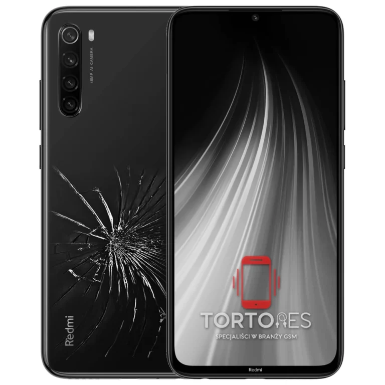 Redmi Note 8 z ilustracją pękniętej tylnej klapki - wymiana zbitej klapki