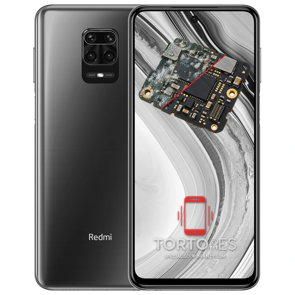 Redmi Note 9 Pro z ilustracją zalania - czyszczenie po zalaniu
