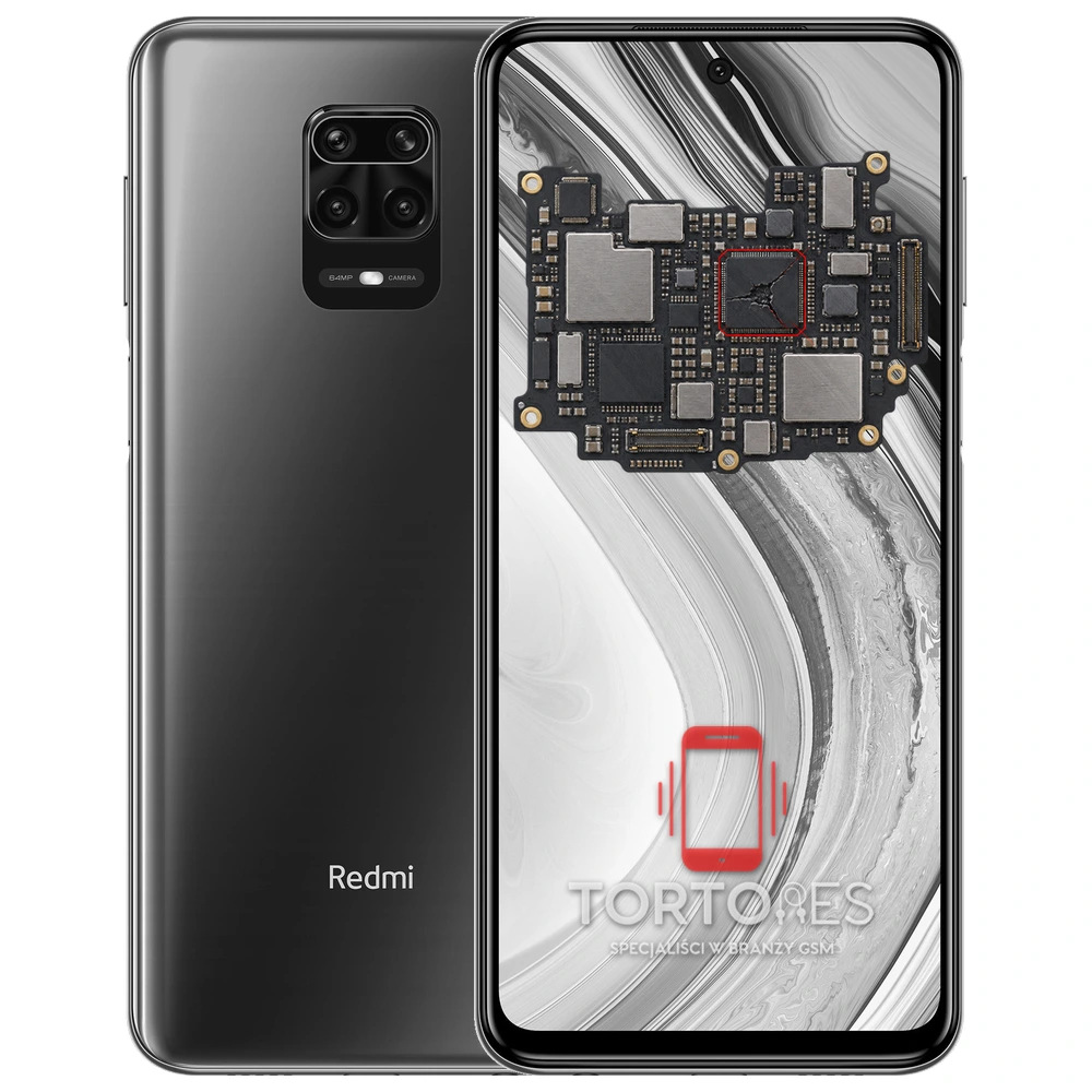 Redmi Note 9 Pro z ilustracją płyty głównej - naprawa płyty głównej