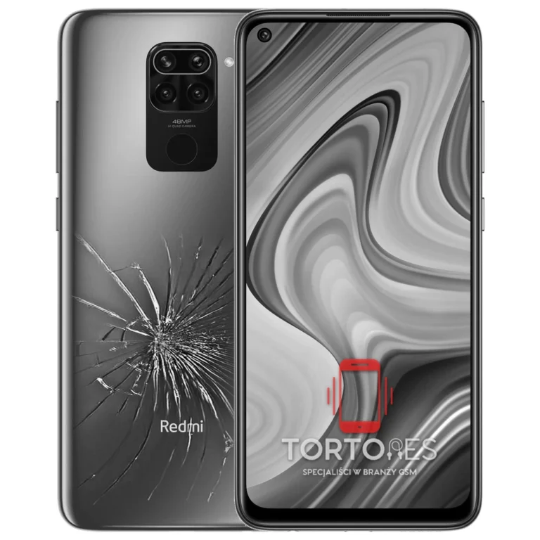 Redmi Note 9 z ilustracją pękniętej tylnej klapki - wymiana zbitej klapki
