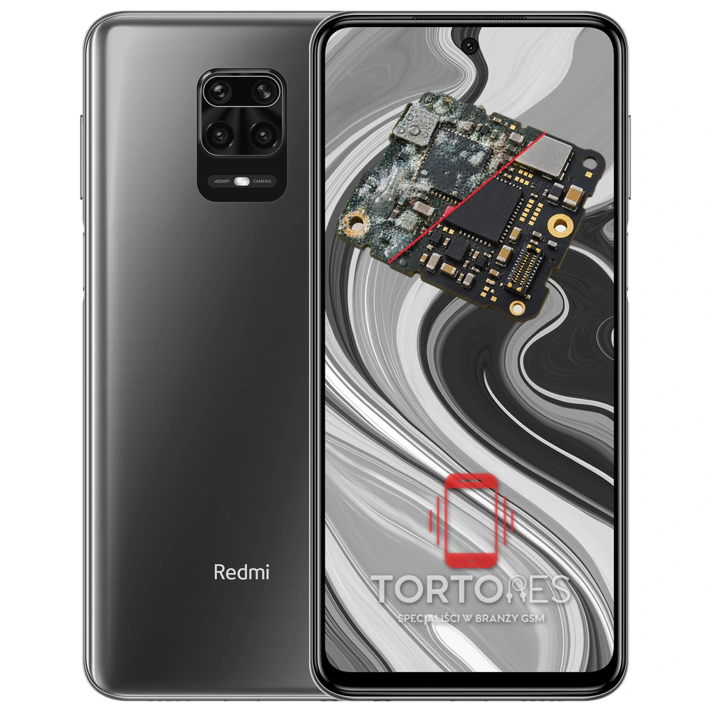 Redmi Note 9S z ilustracją zalania - czyszczenie po zalaniu