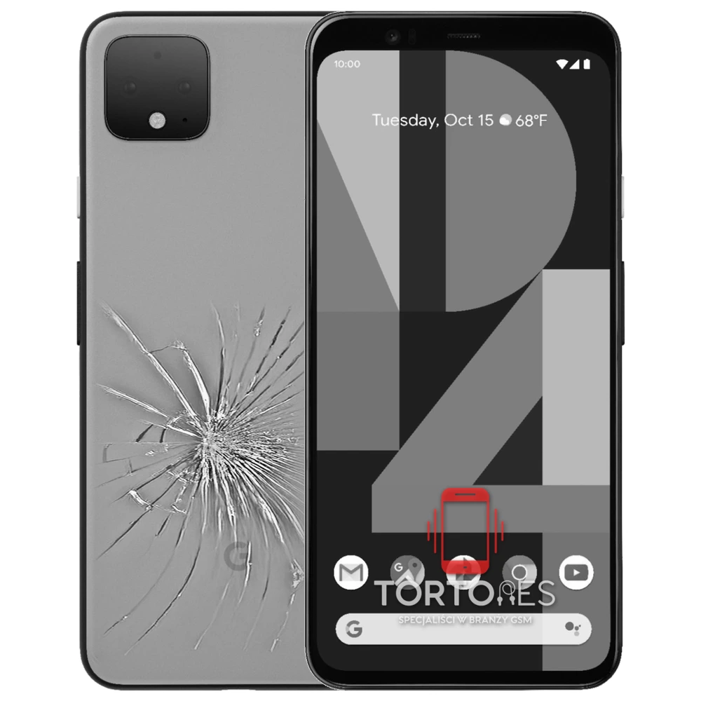 Google Pixel 4 XL z ilustracją pękniętej tylnej klapki - wymiana zbitej klapki