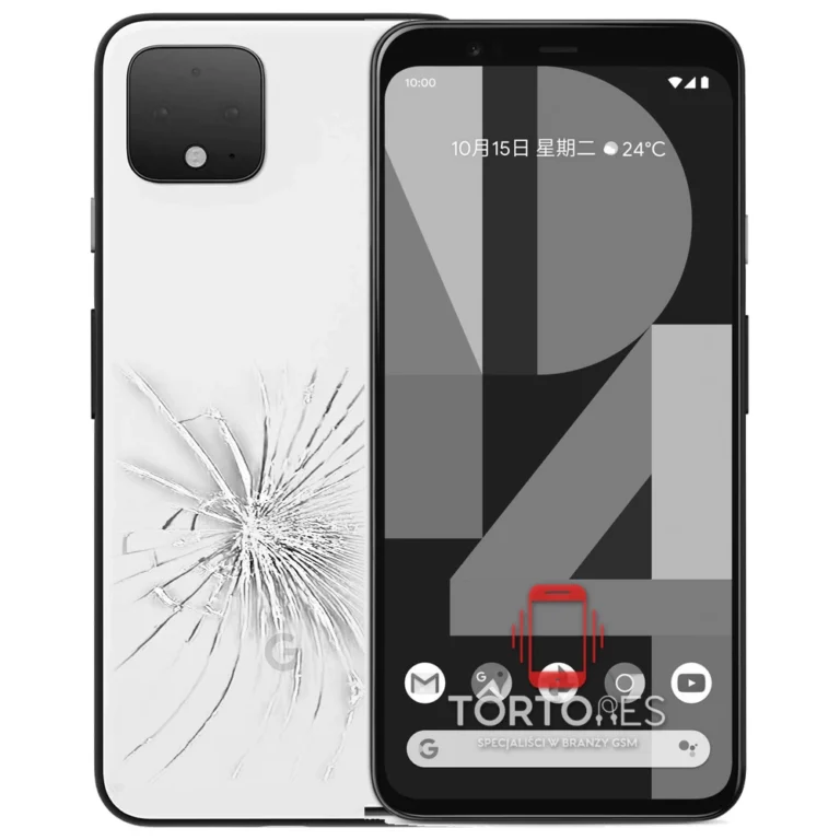 Google Pixel 4 z ilustracją pękniętej tylnej klapki - wymiana zbitej klapki