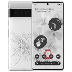 Google Pixel 6 Pro z ilustracją pękniętej tylnej klapki - wymiana zbitej klapki
