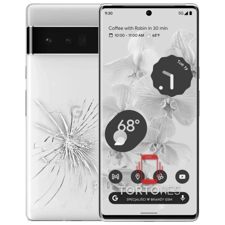 Google Pixel 6 Pro z ilustracją pękniętej tylnej klapki - wymiana zbitej klapki