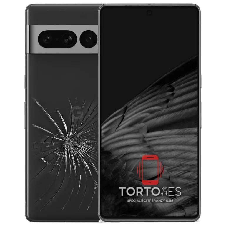 Google Pixel 7 Pro z ilustracją pękniętej tylnej klapki - wymiana zbitej klapki
