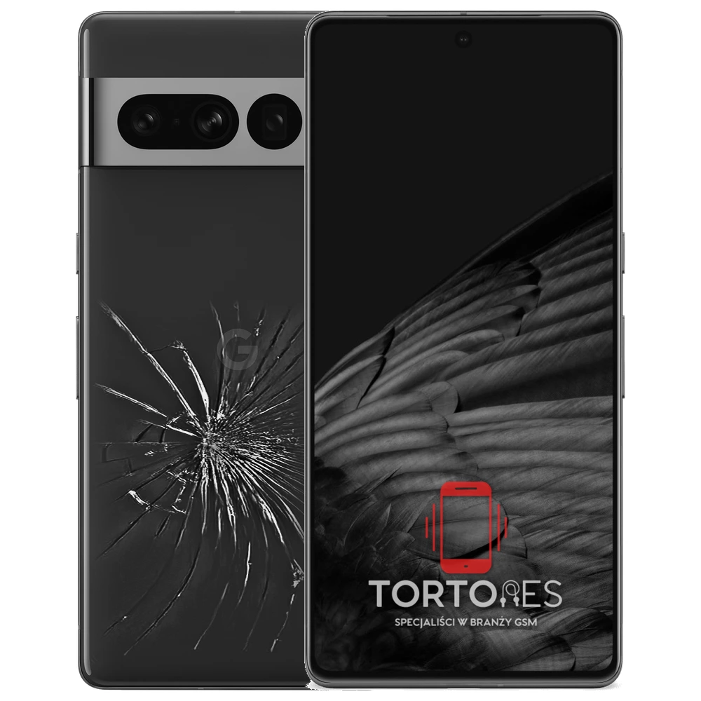 Google Pixel 7 Pro z ilustracją pękniętej tylnej klapki - wymiana zbitej klapki
