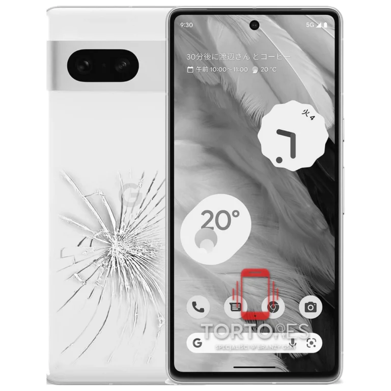 Google Pixel 7 z ilustracją pękniętej tylnej klapki - wymiana zbitej klapki