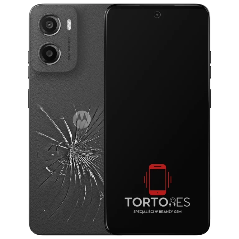 Motorola Moto E15 z ilustracją pękniętej tylnej klapki - wymiana zbitej klapki