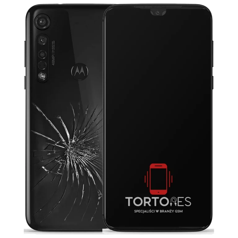 Motorola Moto G8 Plus z ilustracją pękniętej tylnej klapki - wymiana zbitej klapki