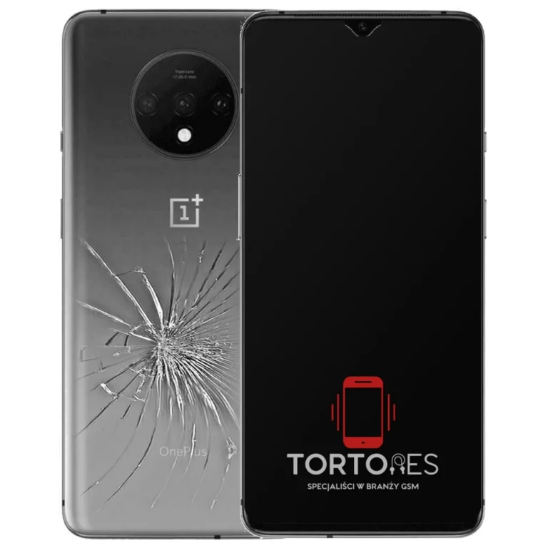 OnePlus 7T z ilustracją pękniętej tylnej klapki - wymiana zbitej klapki