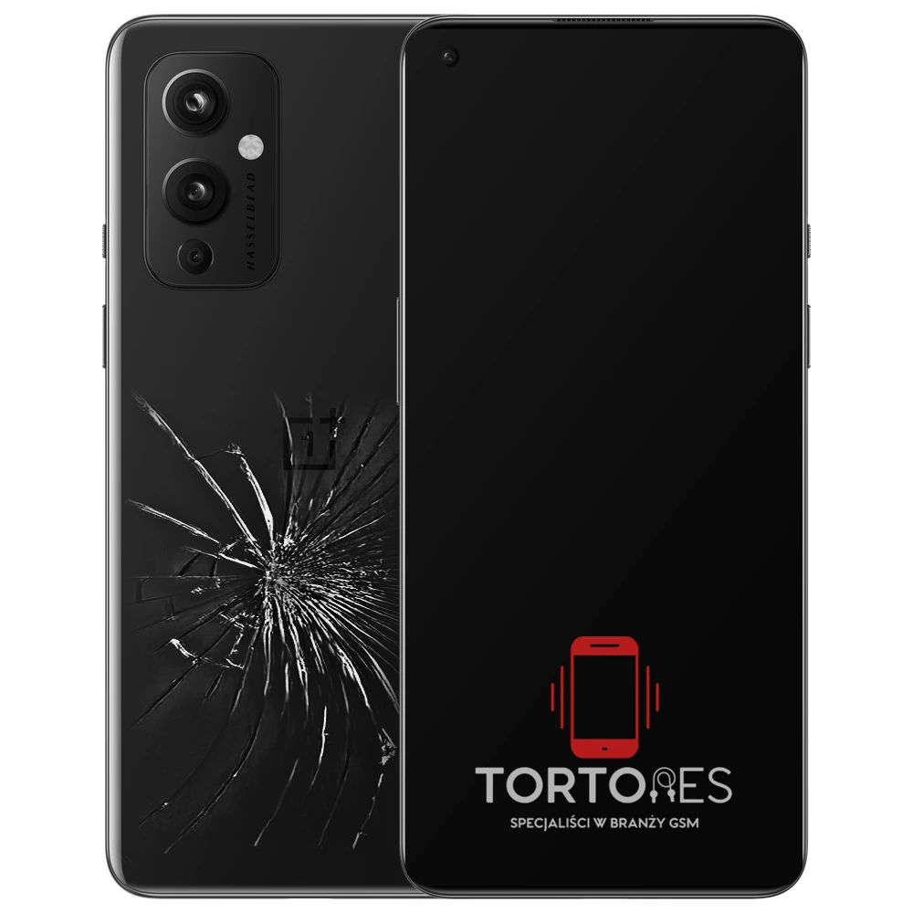 OnePlus 9 z ilustracją pękniętej tylnej klapki - wymiana zbitej klapki