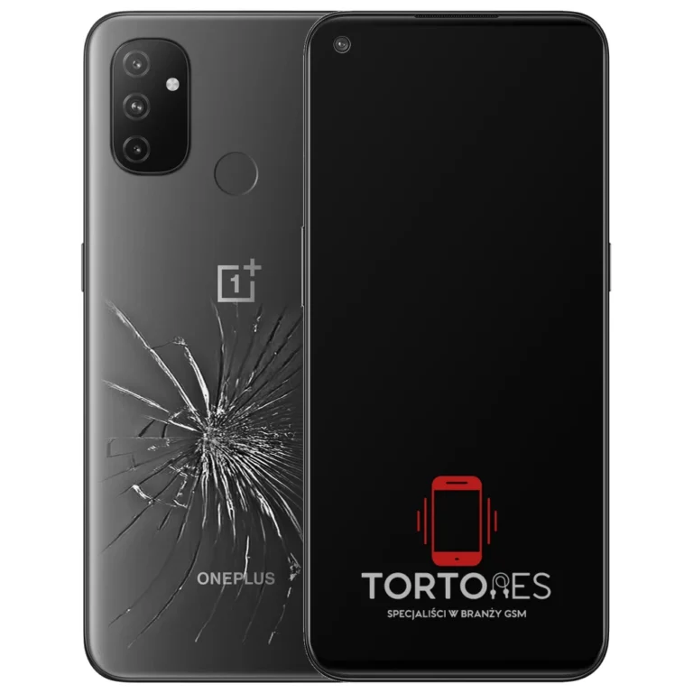 OnePlus Nord N100 z ilustracją pękniętej tylnej klapki - wymiana zbitej klapki