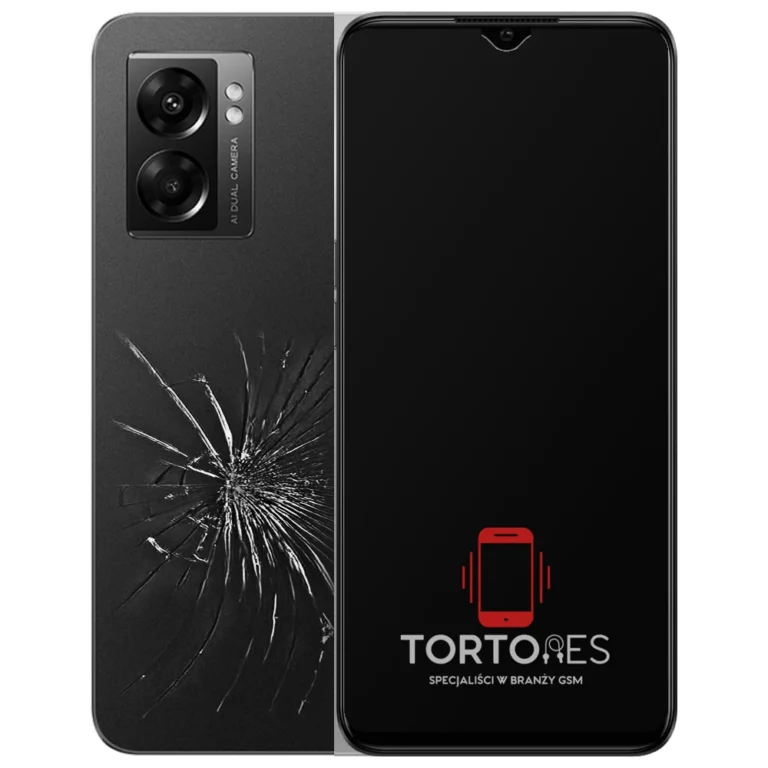 OPPO A77 5G z ilustracją pękniętej tylnej klapki - wymiana zbitej klapki