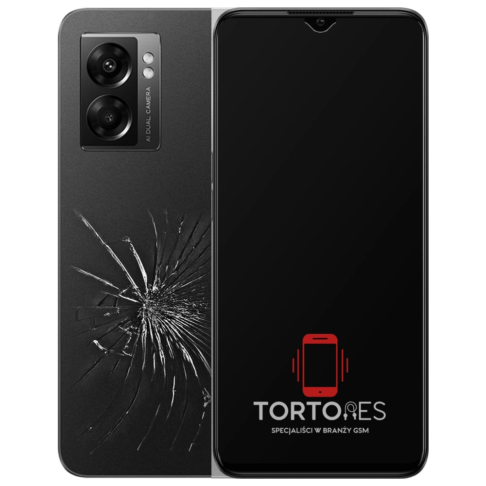 OPPO A77 5G z ilustracją pękniętej tylnej klapki - wymiana zbitej klapki