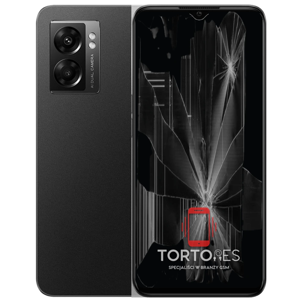 OPPO A77 5G z ilustracją pękniętego wyświetlacza - wymiana zbitego wyświetlacza