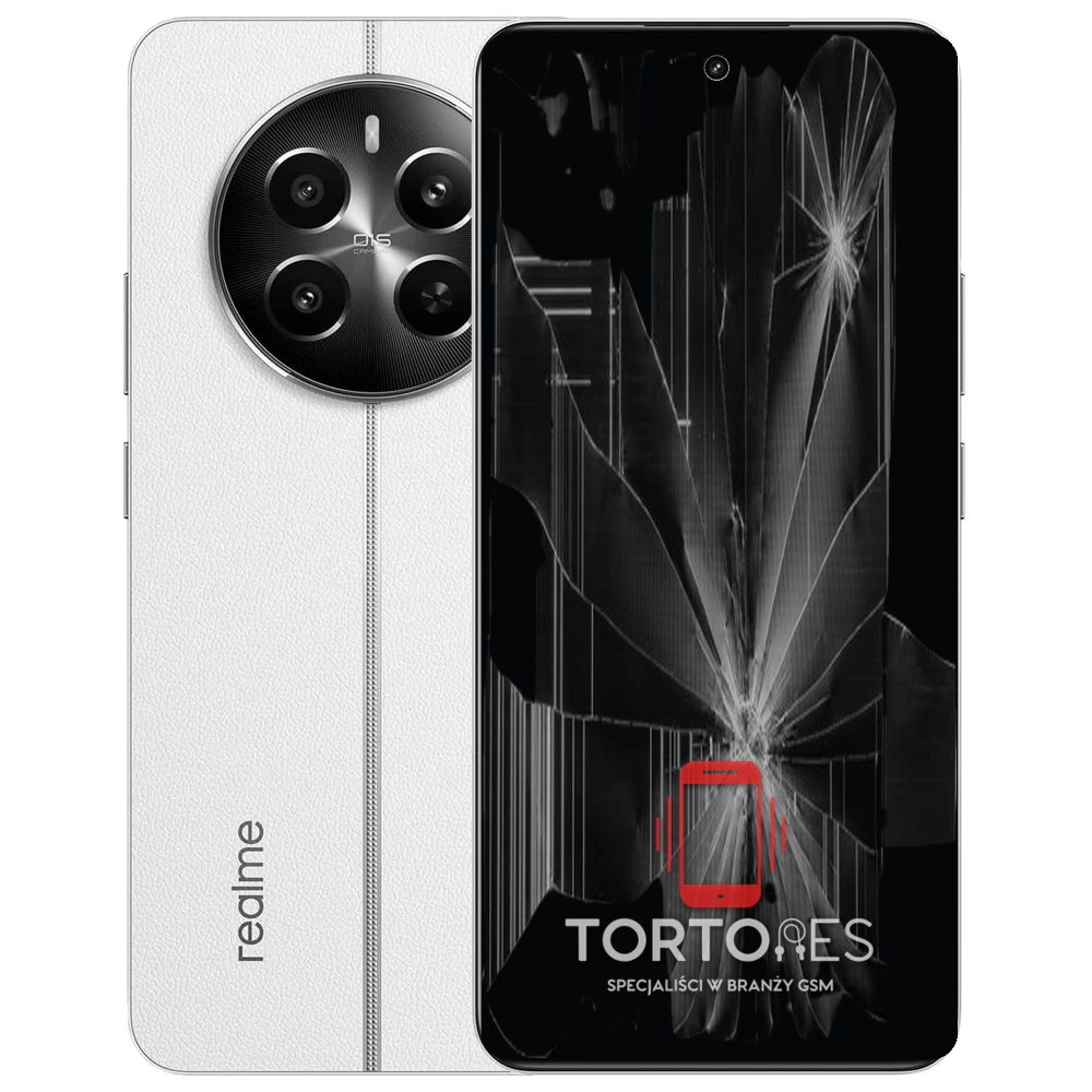 Realme 12+ 5G z ilustracją pękniętego wyświetlacza - wymiana zbitego wyświetlacza